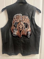 Silver Bike Motorcycle Leather Vest With Fist Skull Embroidered Patch Size Small