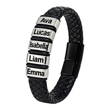 Custom Name Bracelet for Men with 2–6 Beads   Black Leather Personalized Gift