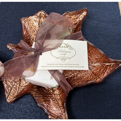 Alchimia Fine Vegetable Lavender Soap with Glass Copper Maple Leaf Soap Dish NEW