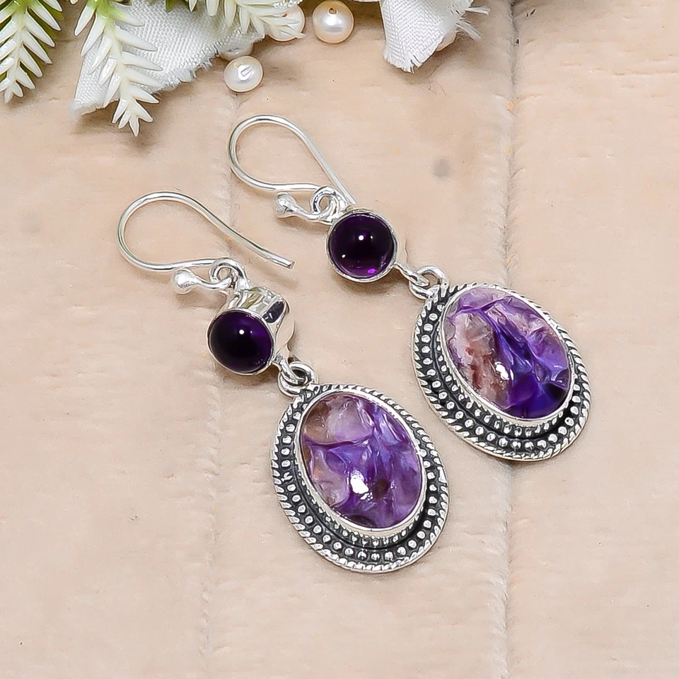 Russischer Charoit Natur Edelstein Handarbeit 925 Sterling Silber Schmuck Ohr... - Bild 2 von 4