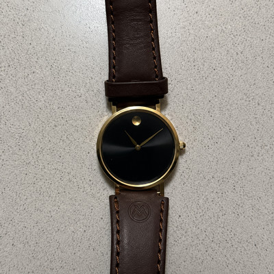 Movado Men Yellow Gold Watch Concave Dot Museum Dial - Brown Strap (0607591)