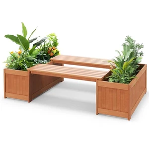 2PCS Boîte de planteur extérieur en bois avec siège 2-in-1 Lit de jardin arboré en bois & Banc