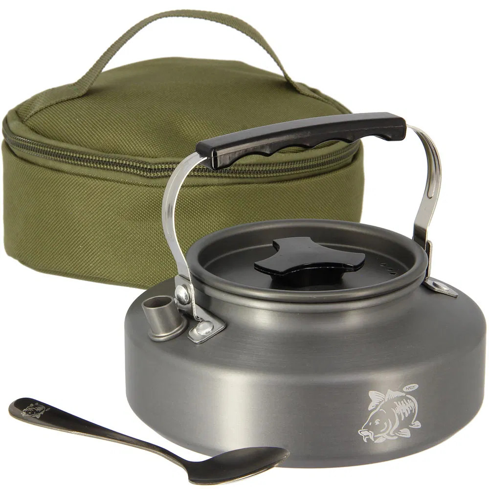 NGT Kettle 0.8l Carp Fishing Camping Caravan Gunmetal Aluminium with Case Spoon