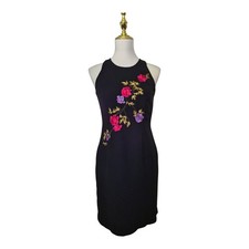 Vintage Bob Mackie Studio Black Sleeveless Sheath Dress 2P Embroidered Floral...