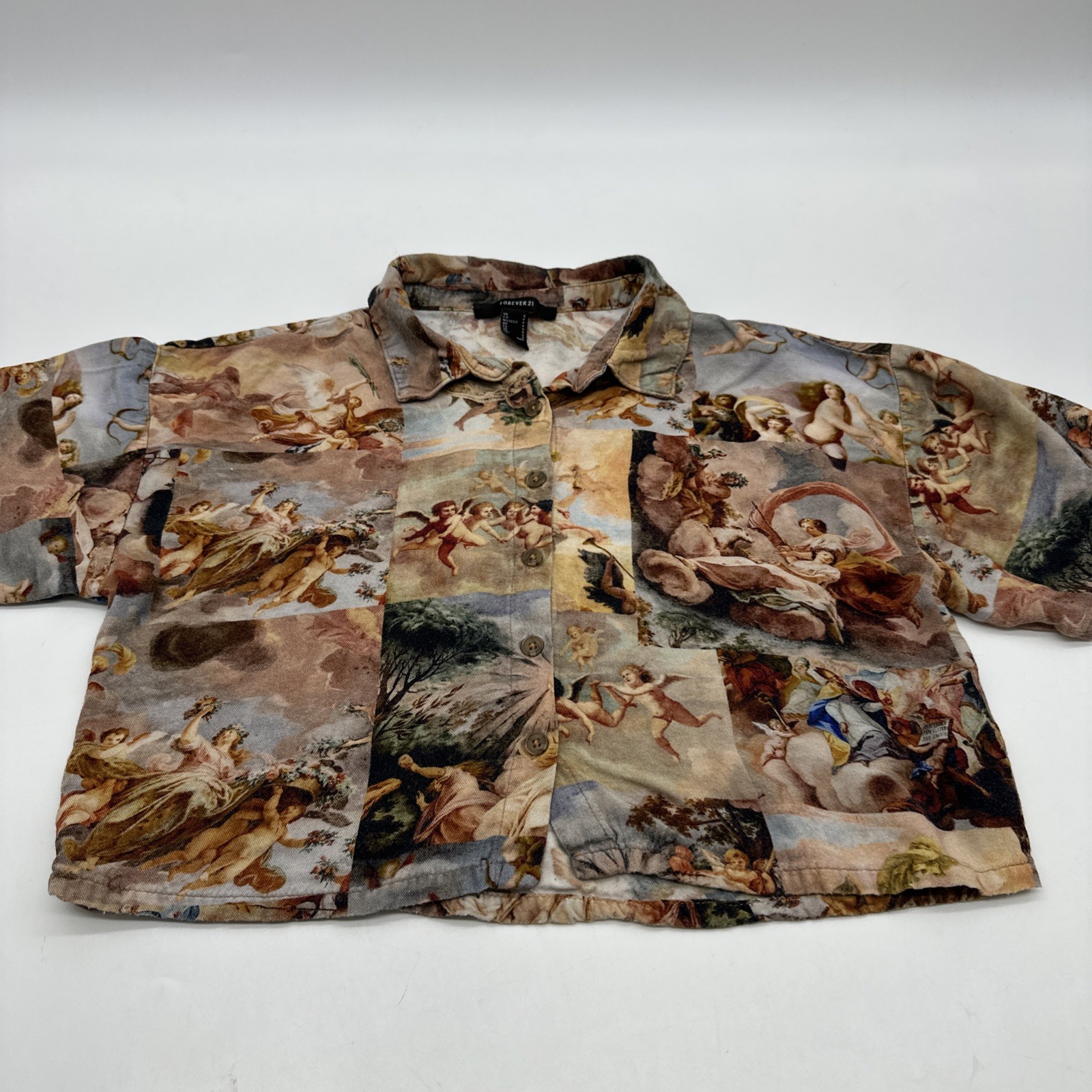 Forever 21 Button Up Shirt Cropped Women S Multicolor Print Angel Aop.#34247