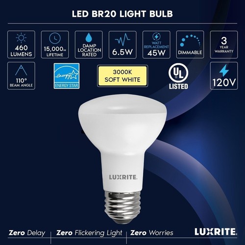 Luxrite BR20 LED Light Bulbs 6.5W=45W Soft White Dimmable 460 Lumens E26 12 Pack - Picture 7 of 7