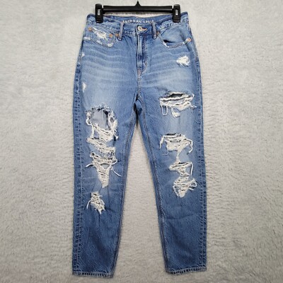 American Eagle EA Mom Jeans Womens 2 Blue 90s Slim Boyfriend Destroyed 28x26