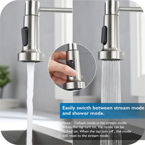Kitchen Tap Brushed Nickel with pull out Spray 2-Mode Sink Faucet 360° swivel - Picture 3 of 6