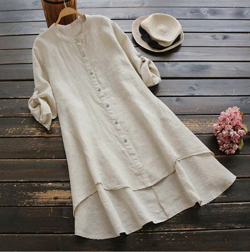 Mujeres Informal Algodón Lino Camisa Vestido Retro Botón Suelto Túnica Blusa Prendas para el torso Playa - Imagen 18 de 40