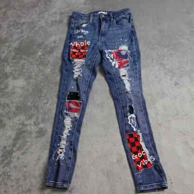 Rue 21 Patch Denim Pants Women's Size 6 Blue Skinny Distressed Casual