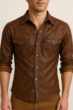 Men's Choco Brown Lambskin Leather Shirt - Vintage Slim Fit c Motorcycle Jacket