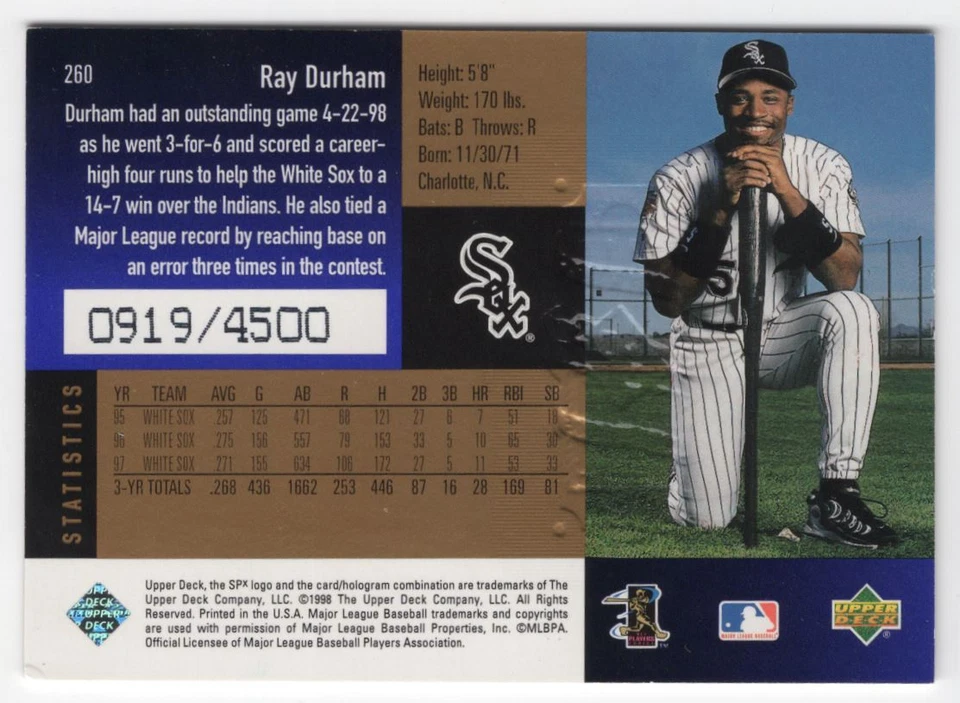 1998 SPx Finite Radiance Ray Durham 0919/4500 Chicago White Sox #260 - Image 2 of 2