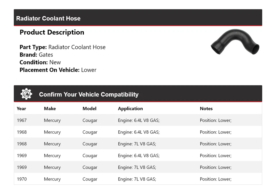 Manguera de refrigerante de radiador Mercury Cougar 1967-1970 puertas inferiores 1968 1969 Foto 2 de 4