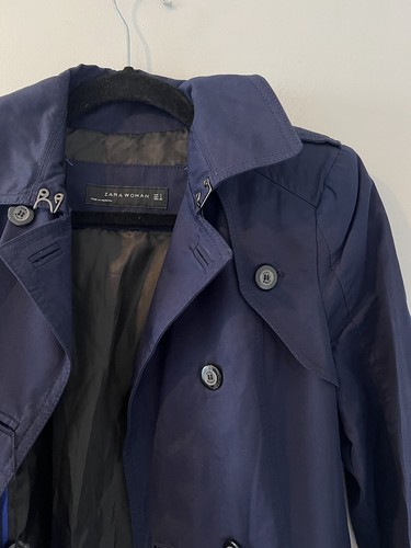NWT Zara navy blue trench coat jacket cotton double breasted belted small - 第 8/10 張圖片