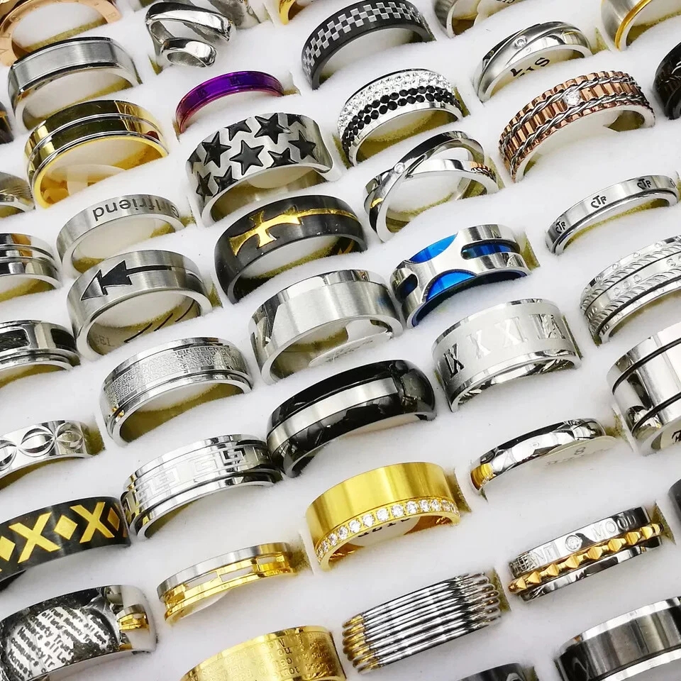 100PCS Stainless Steel Rings Bulk Lot Men's Fashion Jewelry Ring Wholesale Mixed - Image 3 of 4