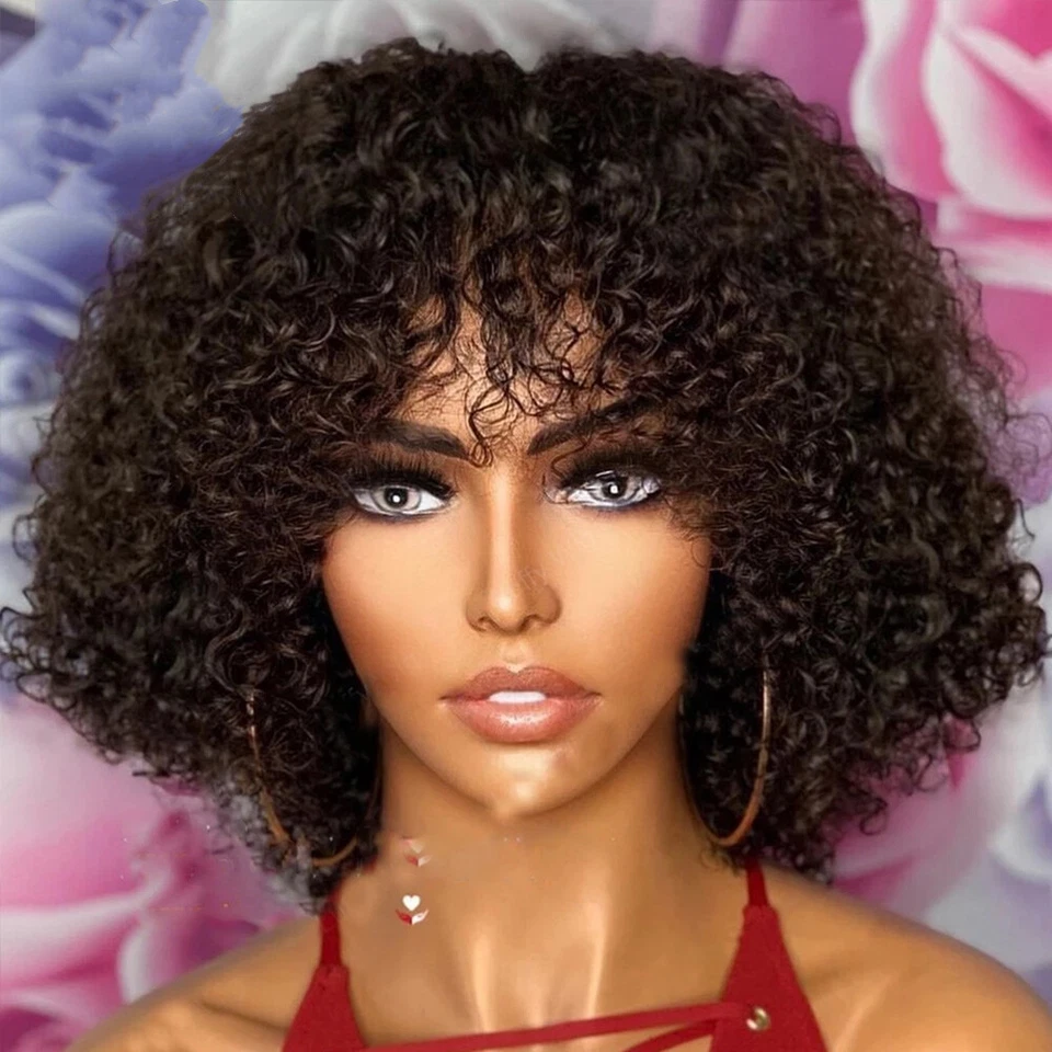 Brazilian 100% Human Hair Wig Kinky Curly Wigs With Bangs None Lace Full Head - Image 3 of 4