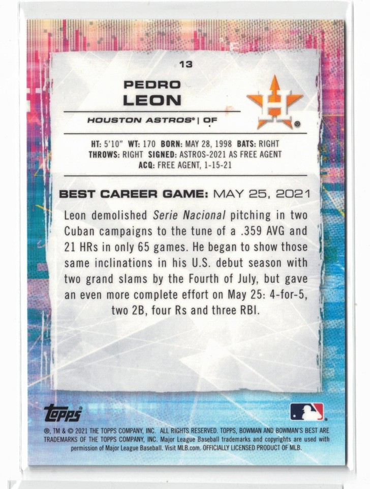 2021 Bowman's Best ORANGE Refractor TRUE Rookie Pedro Leon 13! Astros