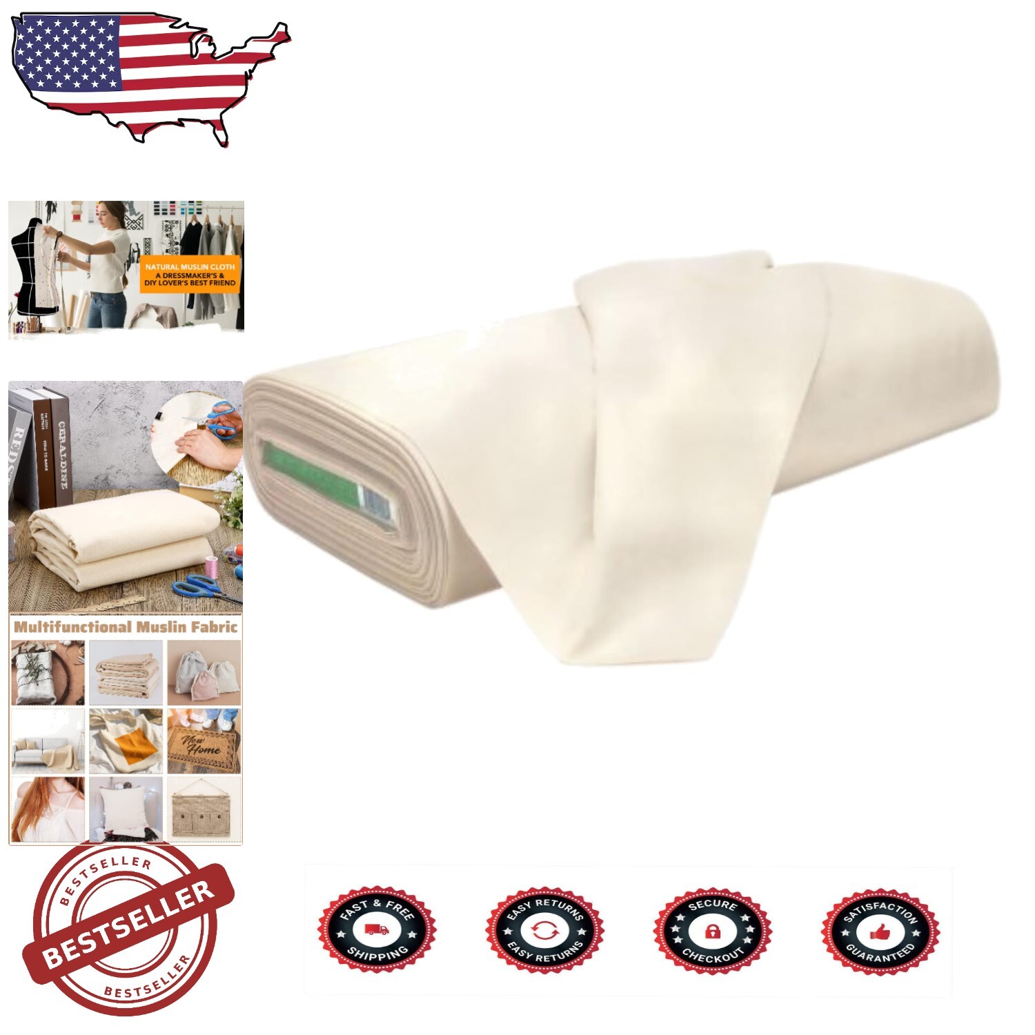 Natural Cotton Muslin Fabric Unbleached - 10 Yards, Ideal for Draping and Crafts