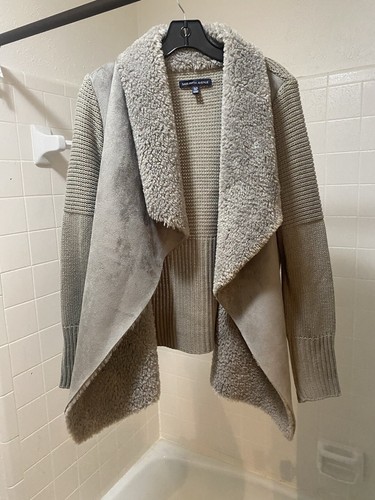 Saks Fifth Avenue Sweater Cardigan Size XL Gray Faux Suede Waterfall Open Wool - Picture 17 of 18