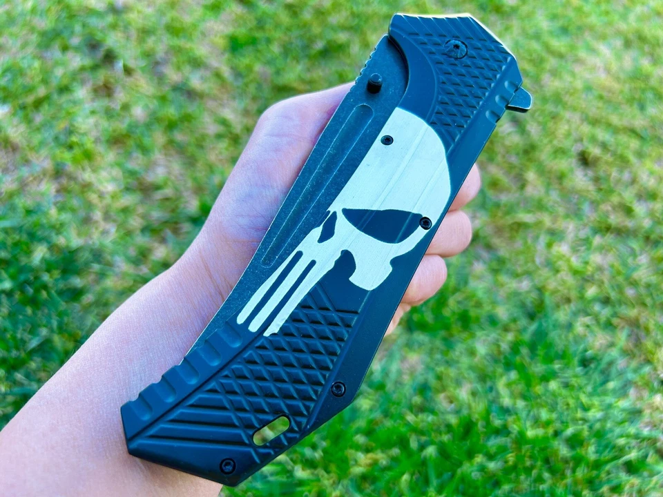 12.25” Giant Skull Punisher Tactical Spring Assisted Open Blade Pocket Knife - Image 3 of 4