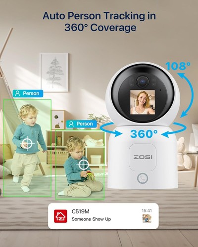 ZOSI 5MP WLAN Überwachungskamera Innen Weiß 360° Baby Kamera WIFI PTZmit Monitor - Bild 6 von 10