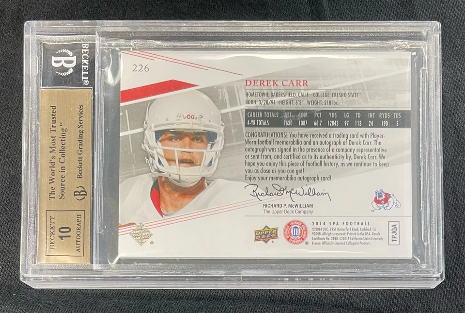 2014 SP Authentic Rookie Autograph Patch #226 Derek Carr 022/350 4 Color BGS 10 - Image 2 of 4