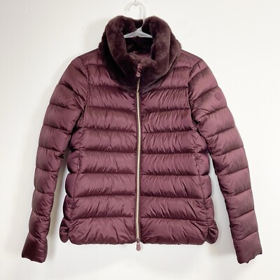 Save The Duck Coat Womens Small Mei Puffer Jacket Burgundy Faux Fur NWOT NEW