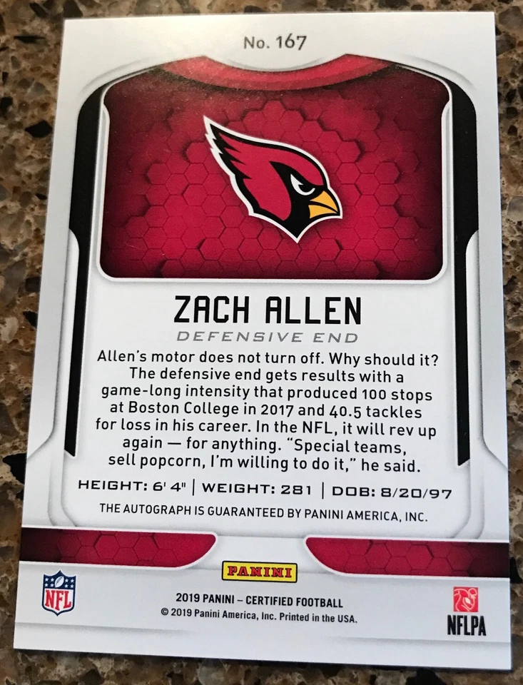 ZACH ALLEN 2019 PANINI-CERTIFIED RC AUTOGRAPH SN 014/149 ROOKIE NO167 ARIZONA DE - Image 2 of 2