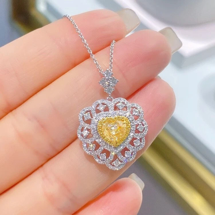 Nuevos collares plateados brillantes con gemas de citrino amarillo diseño corazón hueco para mujer niña Foto 2 de 4