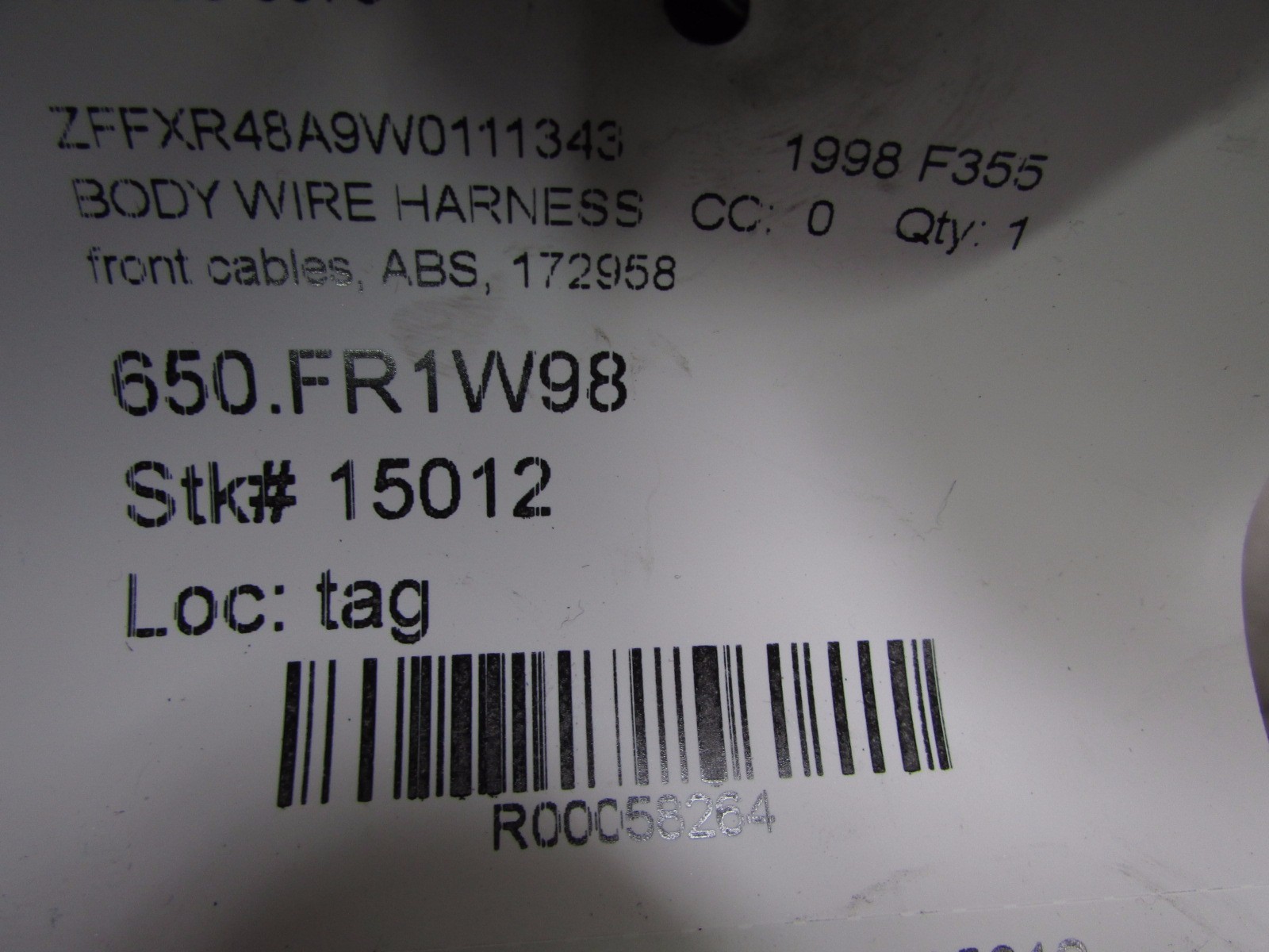 Ferrari F355, Front ABS Wiring Harness, Used, P/N 172958