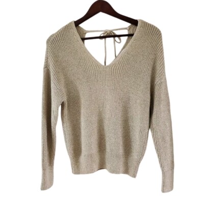 Loft Metallic Gold Tie Back Double V Neck Sweater Holiday Christmas Size S NEW