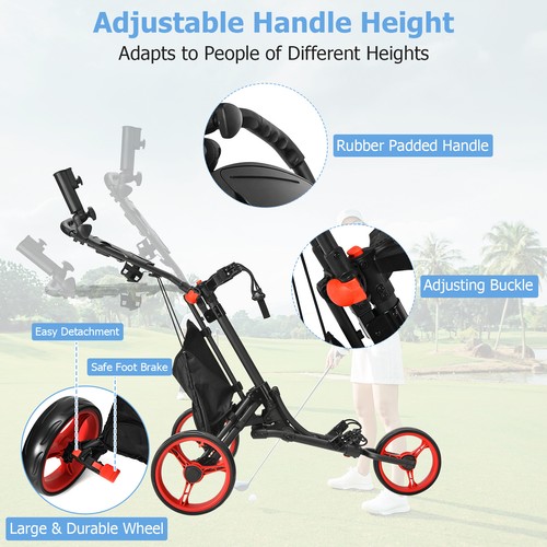 Costway klappbarer 3 Räder Golf Schubwagen mit Tasche Anzeigetafel verstellbarer Griff rot - Bild 5 von 8