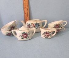 Japan TEA SET Children Doll Porcelain Ceramic Bird Flower Teapot 7 Pc Vintage