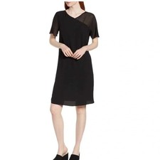 Eileen Fisher Black 100% Silk Short Sleeve Shift Dress Medium M Asymmetric Mesh