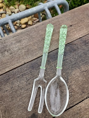 RARE ART DECO GREEN DEPRESSION URANIUM GLASS SALAD SERVERS - Picture 4 of 5