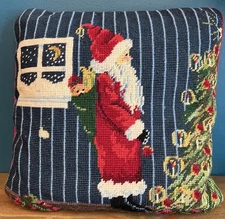 Vintage Christmas Wool Needlepoint Santa Claus Pillow Tree Gifts Red Velvet