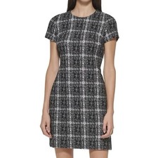 Calvin Klein Plaid Black White Knit Sheath Dress Short Sleeve Size 8 NWT