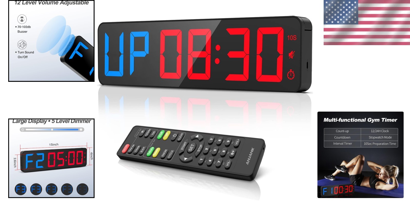 15" Gym Timer LED Wall Clock | Countdown Stopwatch