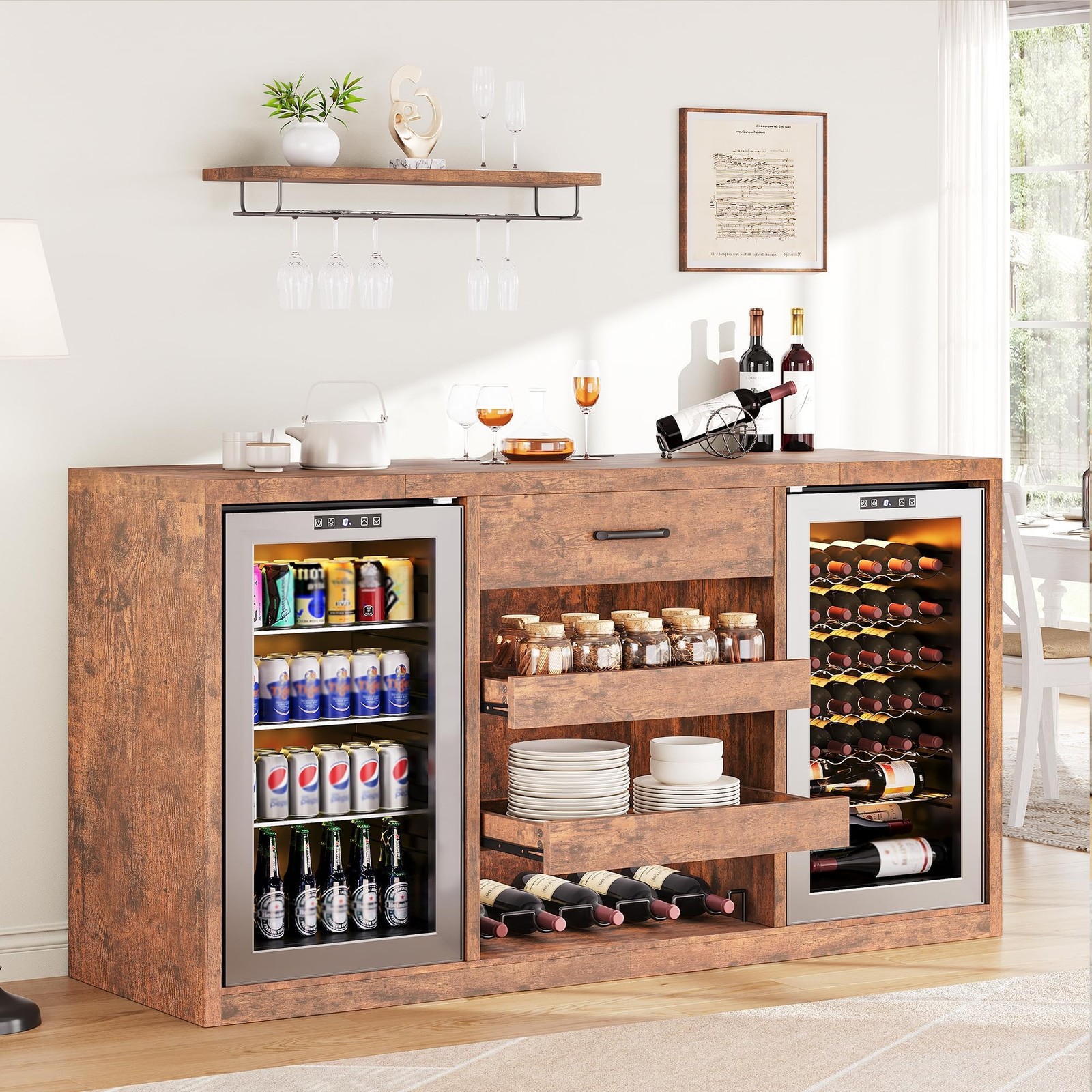 Large Coffee Bar Cabinet with Fridge Space, Mini Fridge Cabi
