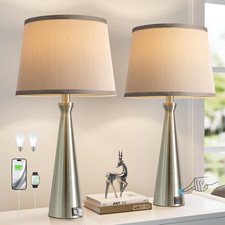 Dimmable Touch Table Lamps Set of 2 with USB Ports and Grey Shades
