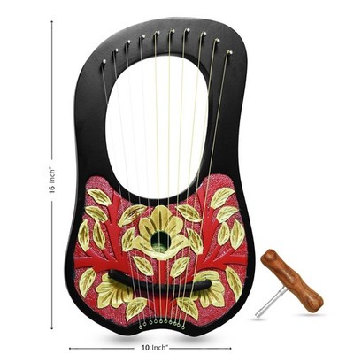 Lyre Harp 10 String Solid Wood Red Green Floral Design Black Bag and Tuning Key