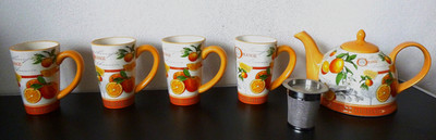 Jameson & Tailor Teekanne Designer Orangen + 4 Tee-Henkelbecher + Cha Cult Sieb