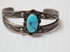 HEAVY VINTAGE NAVAJO INDIAN INGOT STERLING SILVER TURQUOISE 5 1/4" BRACELET