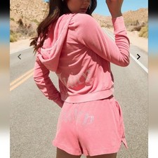 JUICY COUTURE Pink Velour Tracksuit Short Sleeve Hoodie  Shorts Set Medium NWT