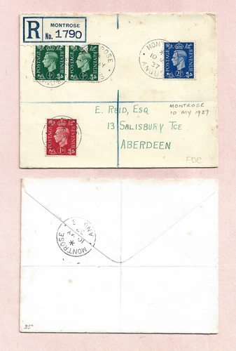 GB 10.5.1937 GVI 3 DARK COLOUR DEFINITIVES REGD FDC -ex  MONTROSE, ANGUS
