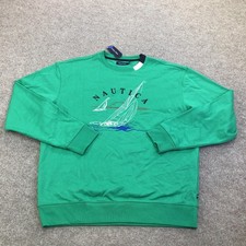 Nautica Sweatshirt Mens Medium Green Fleece Crewneck Pullover Sailboat Graphic