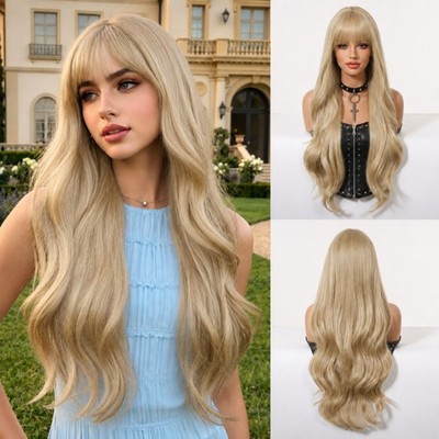 Dress Up Wig With Bangs Long Wavy Light blonde Heat Resistant Hair
