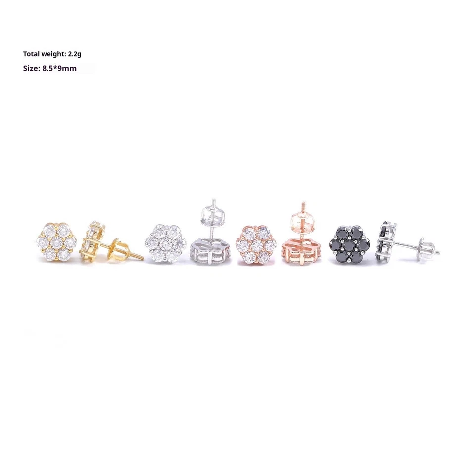 9mm Iced Green Black Moissanite Flower Stud Earrings Screwback 925 Silver Women - Image 4 of 4