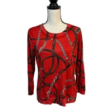 Rebecca Malone Equestrian Print Red Sparkle Fine Gauge Knit Sweater Size Large