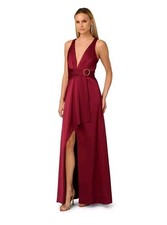 NWT Adrianna Papell Siz 12 Crimson Satin Maxi Dress Plunge Neck Belt Formal $249